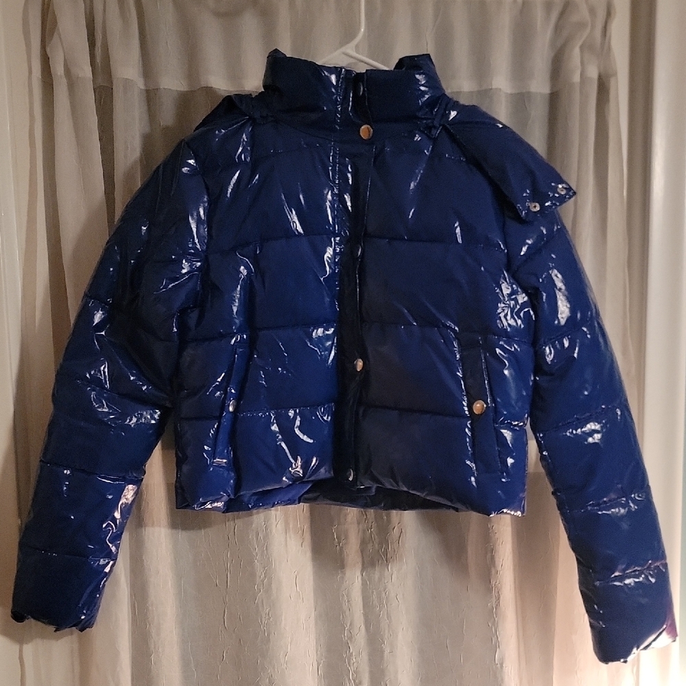 Shiny Blue Cropped Puffer Hooded Jacket